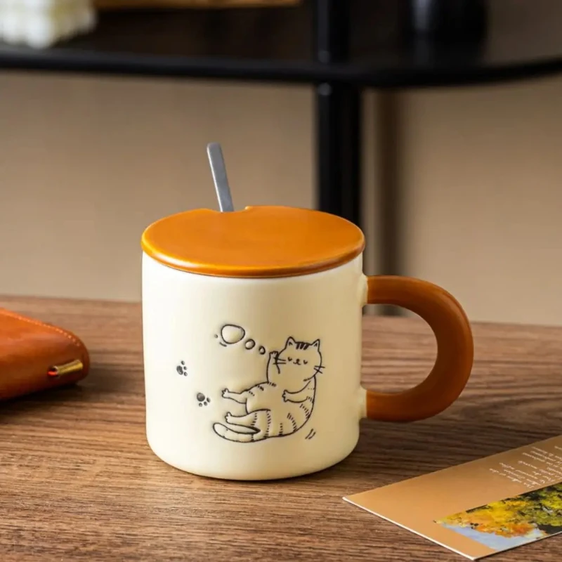 Hand Drawn Cat Vintage Mug Cute Cat Pattern with Spoon Water Cup with Lid Heat Resistant with Handle Ceramic Coffee Cup Tea