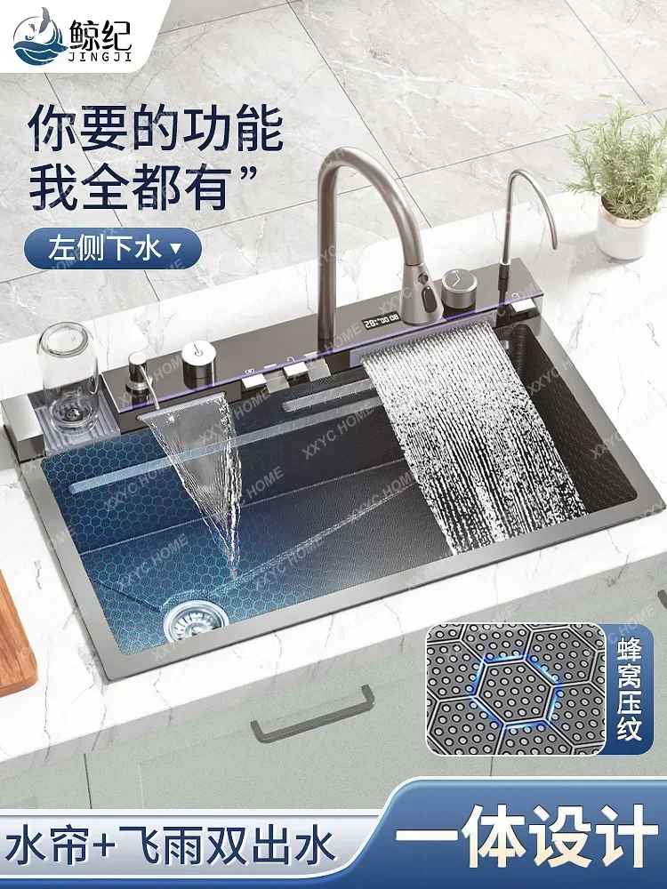 304 Stainless Steel Sink Digital Display Washing Basin Ambience Light Kitchen Large Single Sink Dishwashing