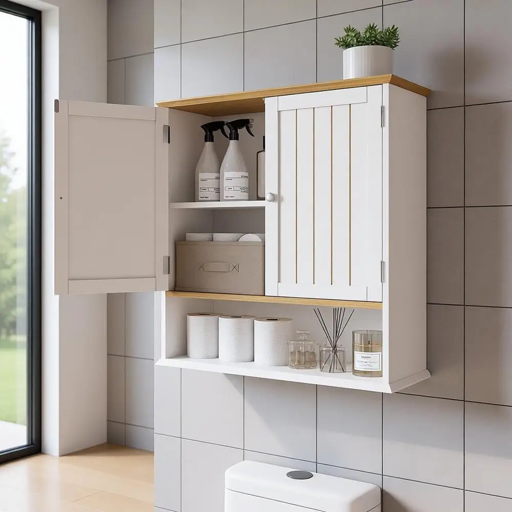 

Space-Saving Wooden Over-the-Toilet Wall Cabinet with 2 Doors and Open Shelves - White Medicine Storage