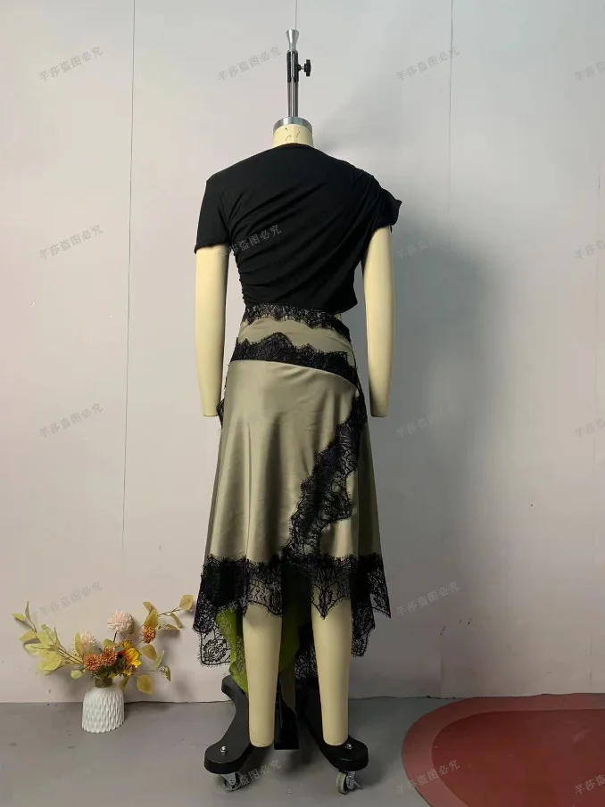 Womens Dresses 2025 Spring Summer New Solid Color Hollow Waist Irregular Lace Splicing Round Neck Short Sleeve Casual Dress