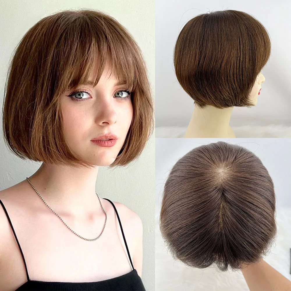 Full Lace Wig Human Hair Short Pixies Cut Dark Brown with Air Bangs Hand Tied Silk Crown with Fringe Wear to Go Wig for Women