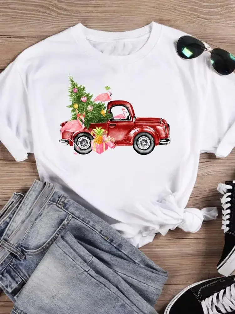 Truck Style Cartoon Print T Top Women Holiday Clothing Merry Christmas Fashion Female Shirt Graphic Tee New Year T-shirts