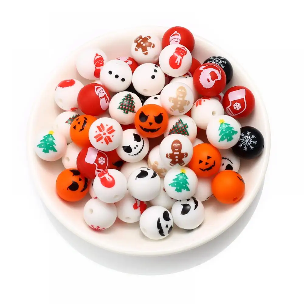 15mm Round Print Pattern Silicone Beads 10Pcs Christmas Day Halloween Teether Chew Beads For DIY Necklace Pacifier Chain