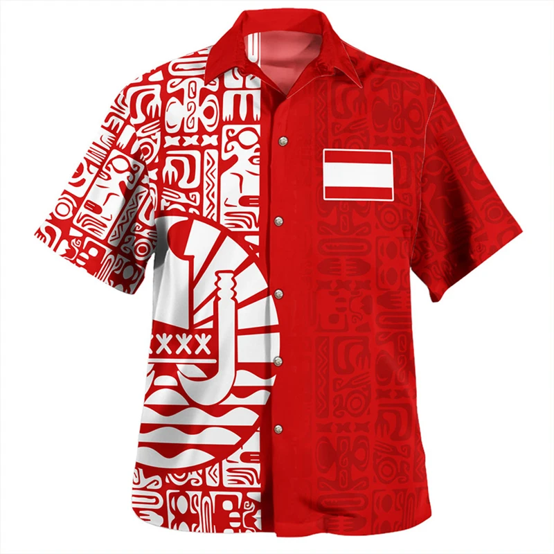 Samoan Tribal-男性用のエスニック3Dトップス,カジュアルな半袖Tシャツ,レトロスタイル,閉じた襟