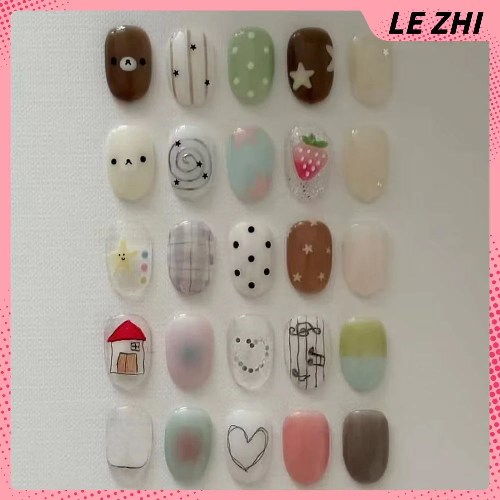 Kawaii Cartoon Cute Animal Rilakkuma Handmade Short Ellipse Press On Nails Polka Point Stars Strawberry False Nail
