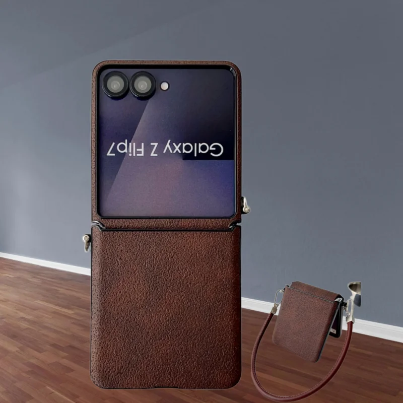 ZFlip7 Luxury Business Leather Shockproof Phone Case For Samsung Galaxy Z Flip 7 FE 5 6 4 With Side Buckle Lanyard Protect Cover