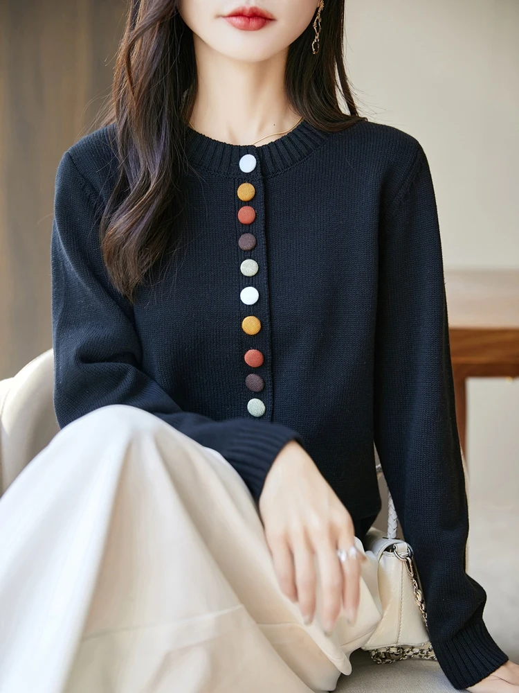 

Круглый вязаный свободный свитер из чистого хлопка на пуговицах, женский небольшой открытый кардиган с рукавами, осень-зима, новинка...