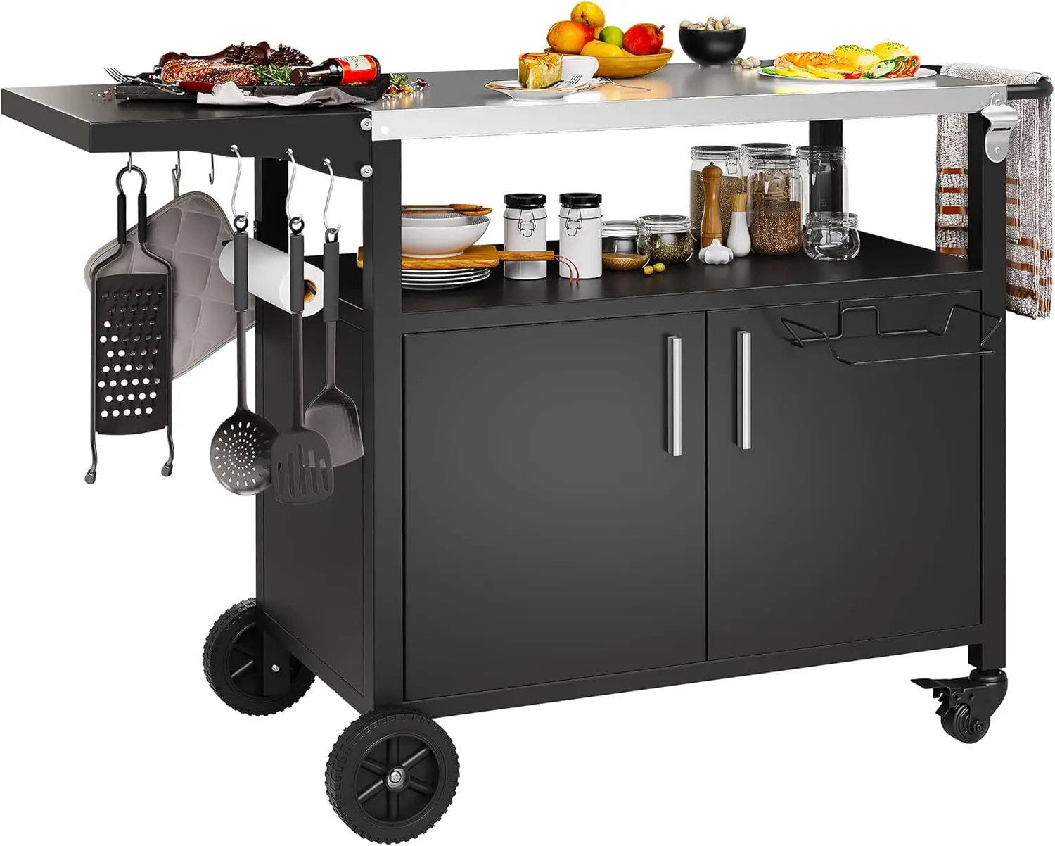 Outdoor Grill Cart With Storage, Patio Kitchen Island With Wheels, Grill Table With 6 Hooks, Bbq Serving Cart For Outdoor Party