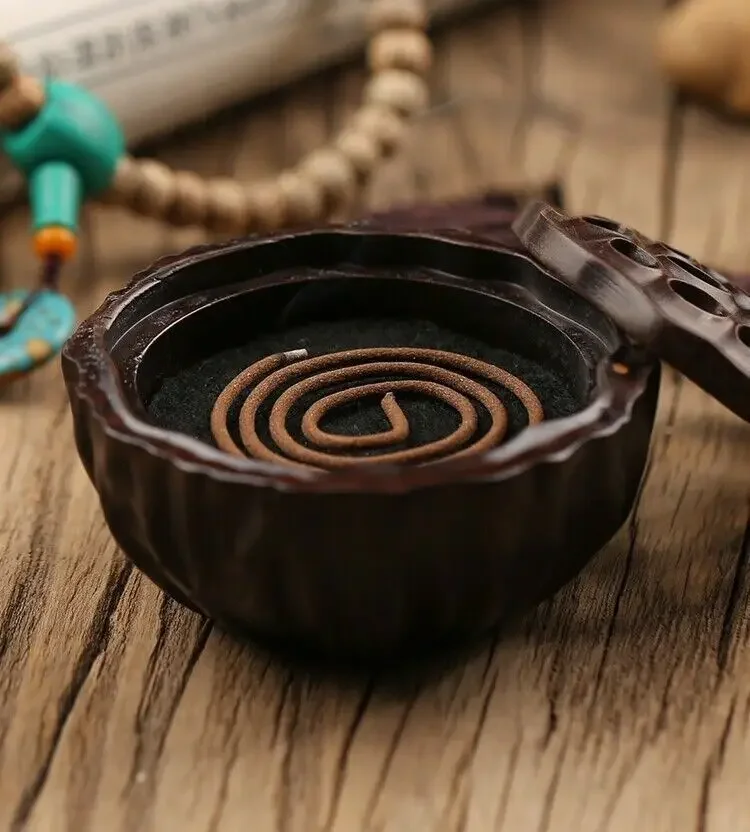 3.5inch Black Ebony Wood Incense Burner Holder Box Lotus Seedpod Home Decor