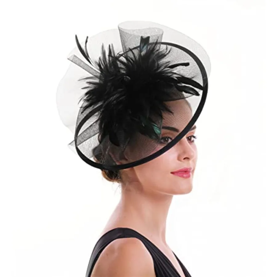 SAFERIN Women's Fascinators Feathers Tea Party Hat Veil Headband with Hair Clip for Cocktail Church