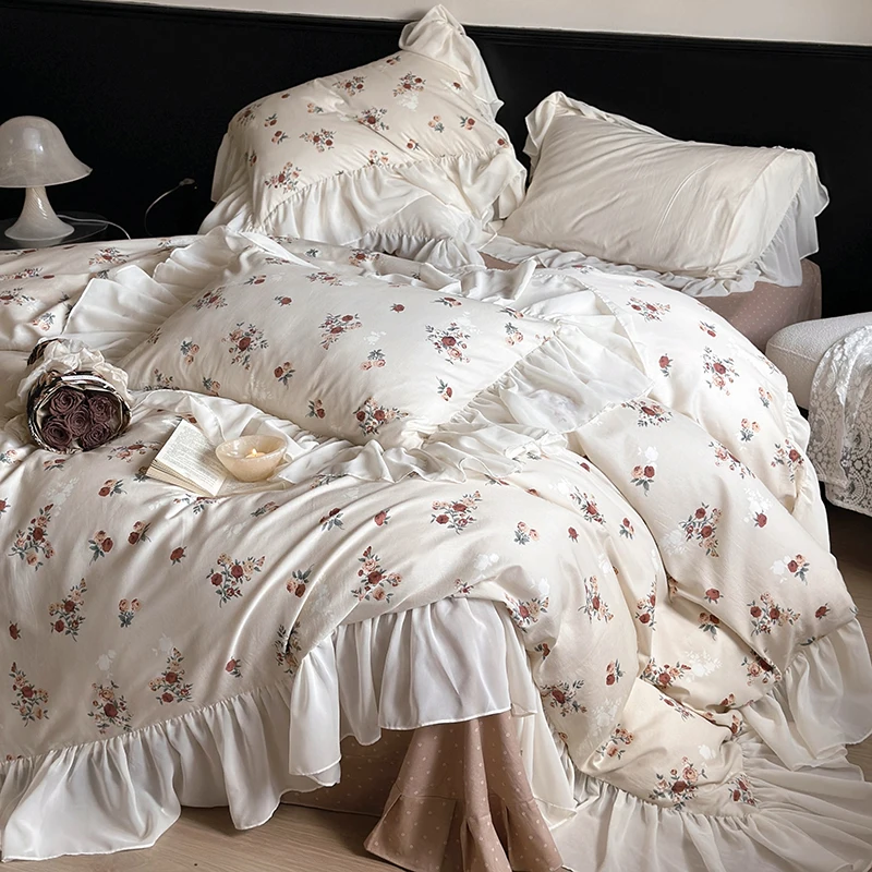 

Chiffon Lace Princess Bedding Sets Luxury 4pcs Rose Flowers Printing Ruffle Duvet Cover Bed Sheet Pillowcases Home Textile