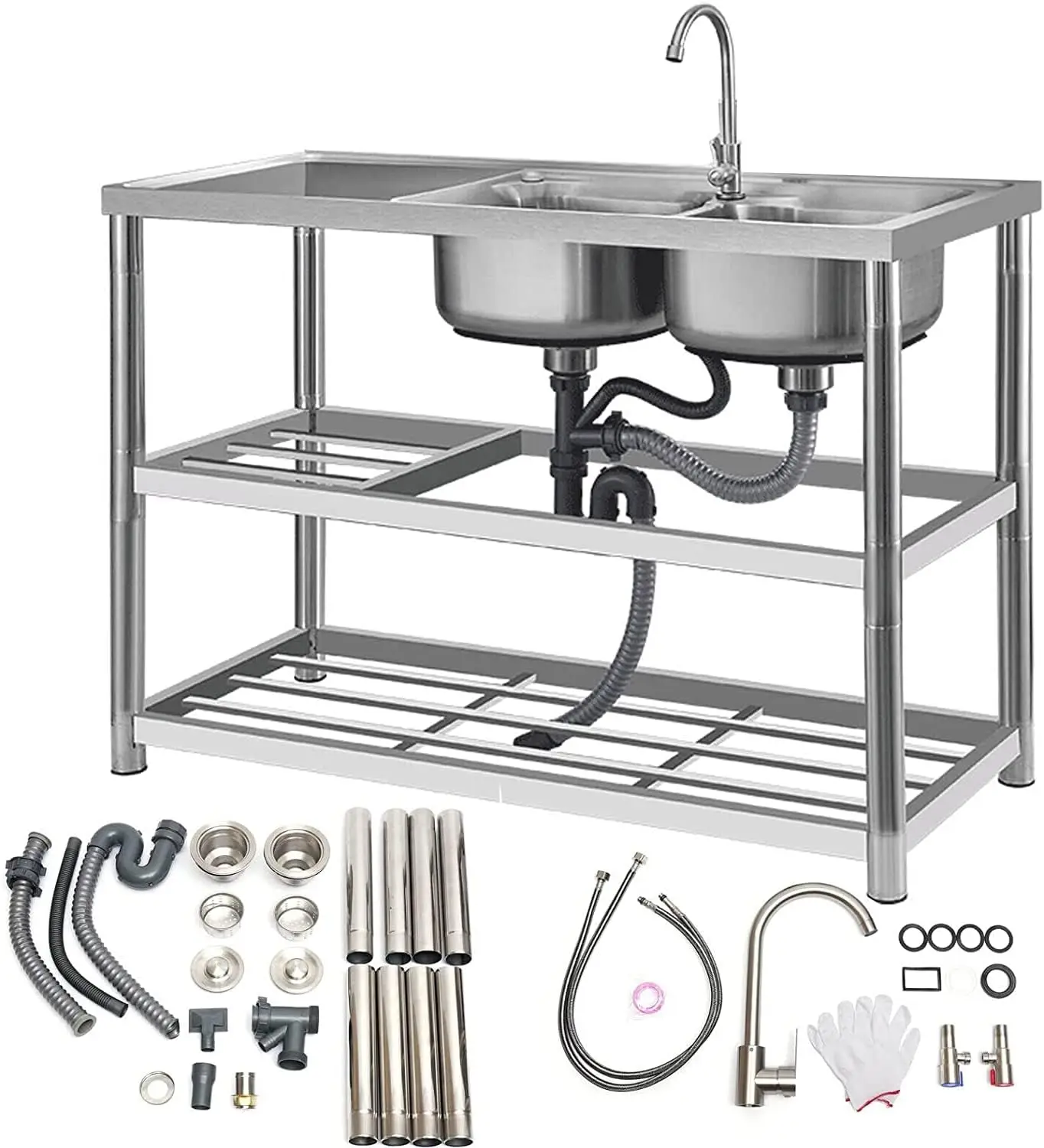 Utility Sink, 2 Compartment Stainless Steel Commercial Kitchen Prep & Utility Sink with Drainboard + Prep Table