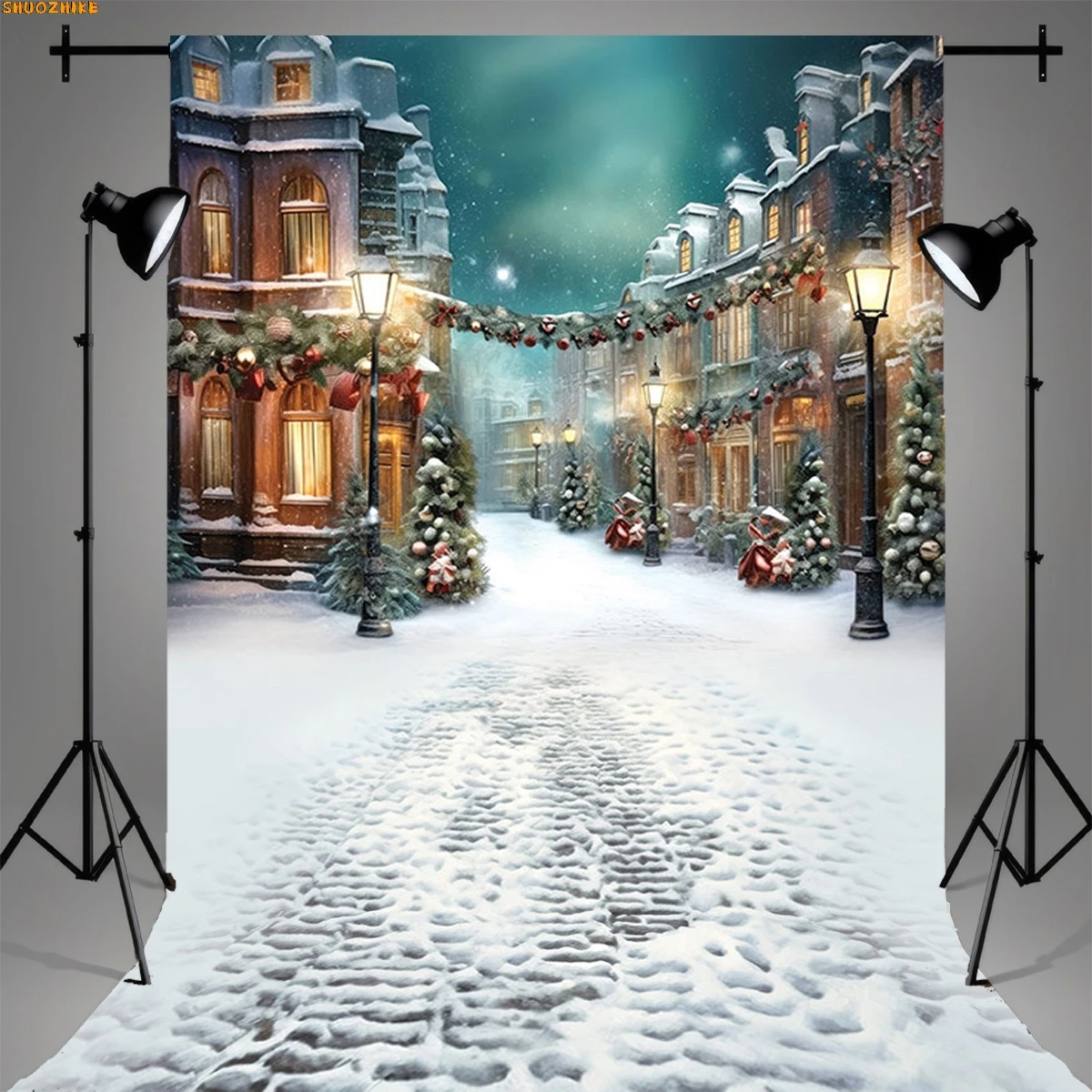 

Snowy Wooden Table Christmas Day Ornament Background Abstract New Year Party Halo Defocused Lights Photography Backdrops CV-06