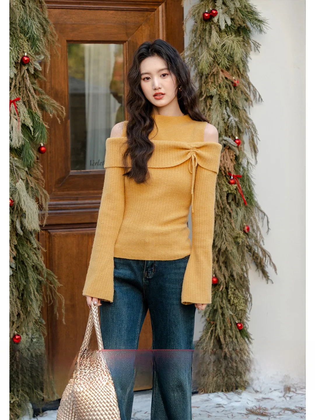 

Потрясающий желтый шерстяной свитер на одно плечо для женщин, зимняя базовая одежда, облегающий французский вязаный топ с длинными рукавами, теплый.