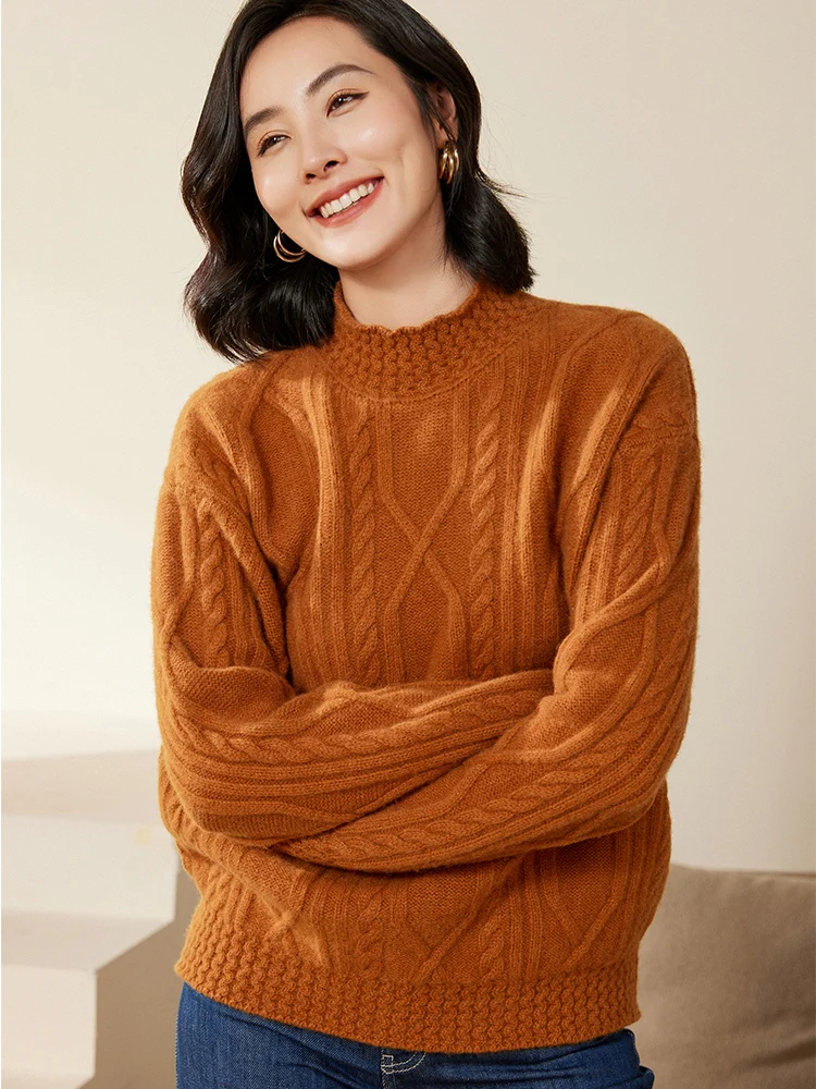 Women's Autumn Winter Mock Neck Pullover Cashmere Sweater Casual Loose Style 100% Merino Wool Knitwear Cable Knit Soft Warm Tops