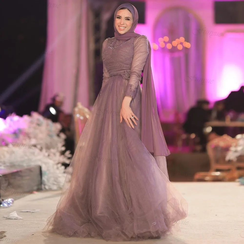 

Robes De Soirée Dubai Abiye Muslim Evening Dresses A-Line Crystal Beads Tulle Long Sleeve Hijab Formal Dress Prom Gowns