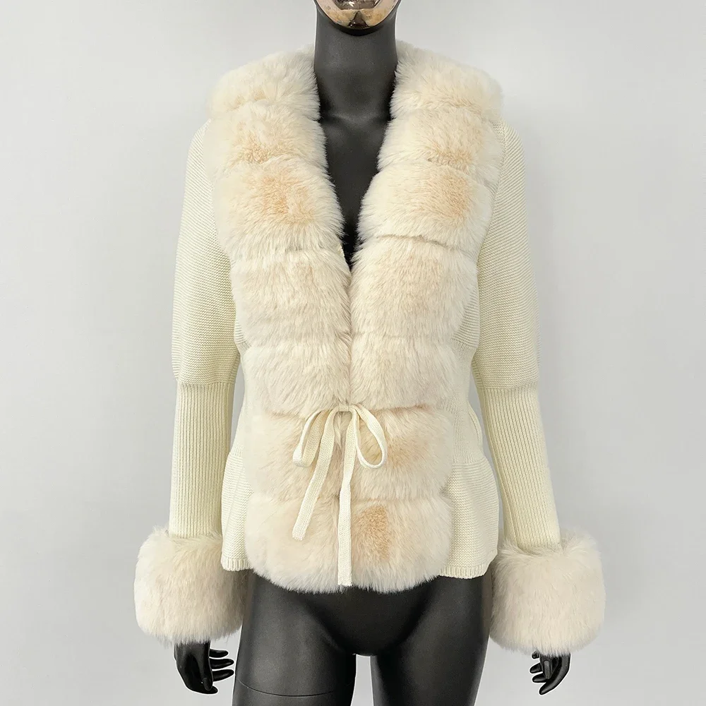 Fur Knitted Cardigan Detachable Collar Jacket Faux Fur Coat Patchwork Knit Sweater Bandage Autumn-winter Women's Fur Cardigan