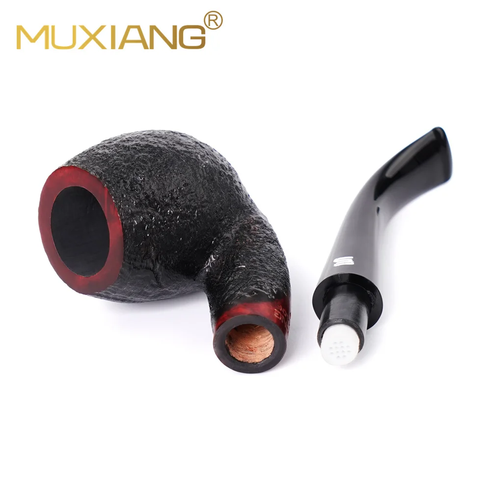 MuXiang Briarwood Tobacco Pipe 9mm filter element filter Hand sandblasted design pipe Curved handle SherlockHolmes pipe Black