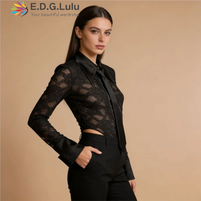 EDGLuLu Turn-Down Collar Long Sleeved Jumpsuit Shorts Sexy See Through Hollow Embroidery Lace Patchwork Jumpsuit For Women 0424