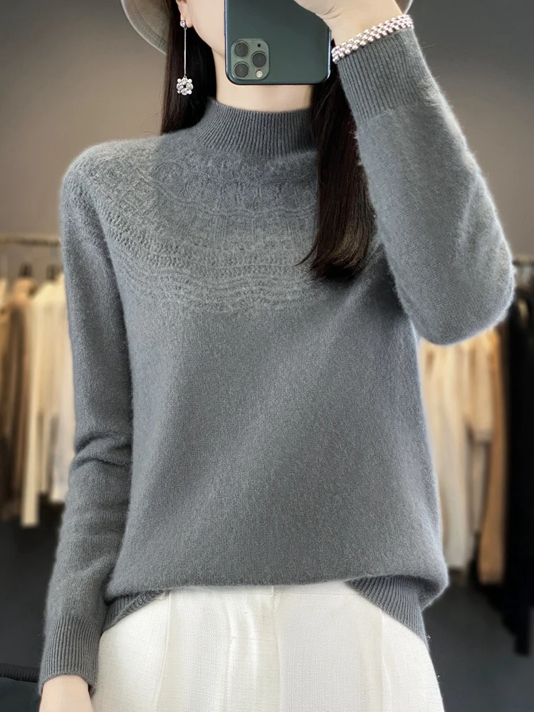 

100% Merino Wool Women's Sweater Half High Collar Cashmere Knitted Pullover Spring Autumn Fashion Female Clothing Korean Tops