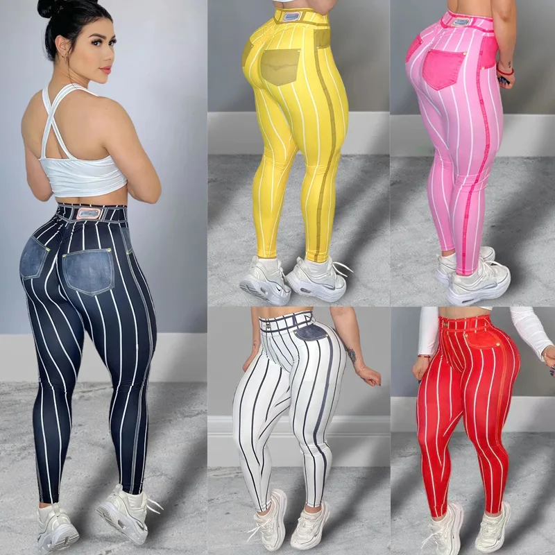 Hot selling imitation denim line printed yoga pants with high waist, sexy and trendy sports and fitness pants for women