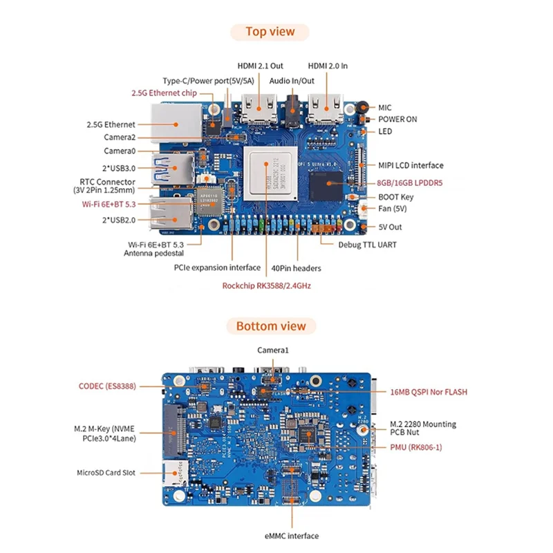 رائعة-لـ Orange Pi 5 Ultra RK3588 Wifi 6E+ BT 5.3/BLE M2 SSD 6TOPS NPU لوحة تطوير كمبيوتر صغير لنظام أندرويد 12 (الولايات المتحدة) قابس أمريكي