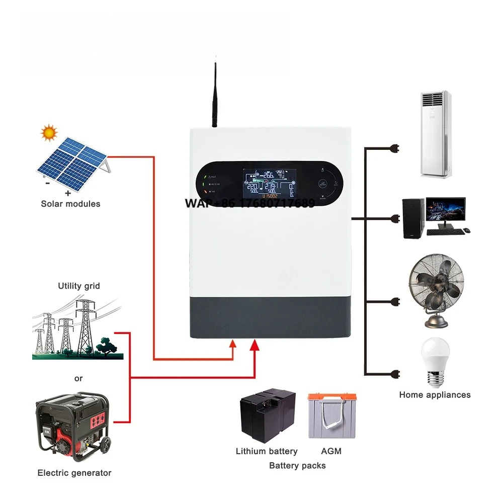 

High Quality 1kw 2kw 3kw 4kw 5kw Hybrid Solar Inverter Inversor Hibrido Solar Power System Home LCD Pure Sine Wave Output