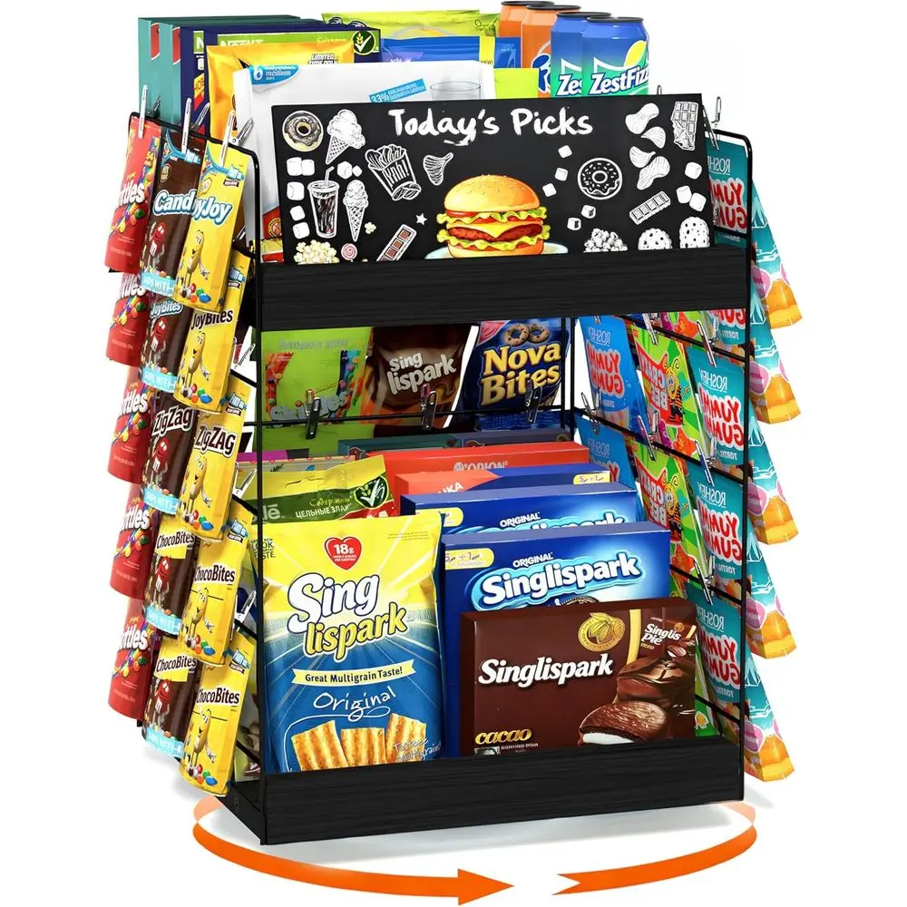 

Подставка для чипсов, 6-уровневый органайзер для закусок с 50 зажимами, 360° ° Вращающаяся стойка для демонстрации конфет на деревянной основе, портативный дисплей для розничной торговли S