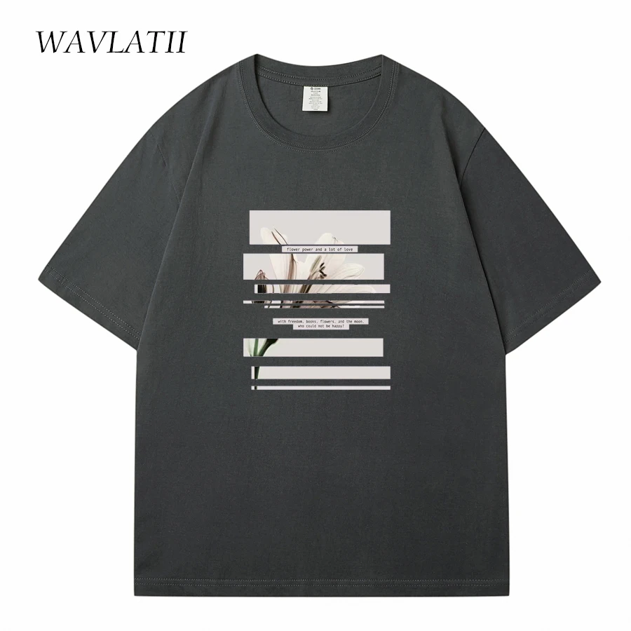 WAVLATII New Women Cotton T shirts Female White Flower Printed Tees Lady Dark Grey Casual Short Sleeve Tops for Summer WT2316