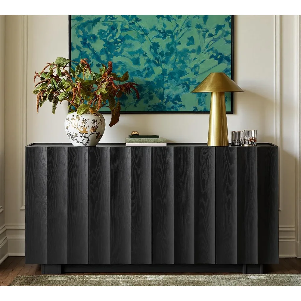 Buffet Cabinet with Storage, Mid Century Modern Sideboard with Wave Design, Wood Grain Finish, Credenza, Customized