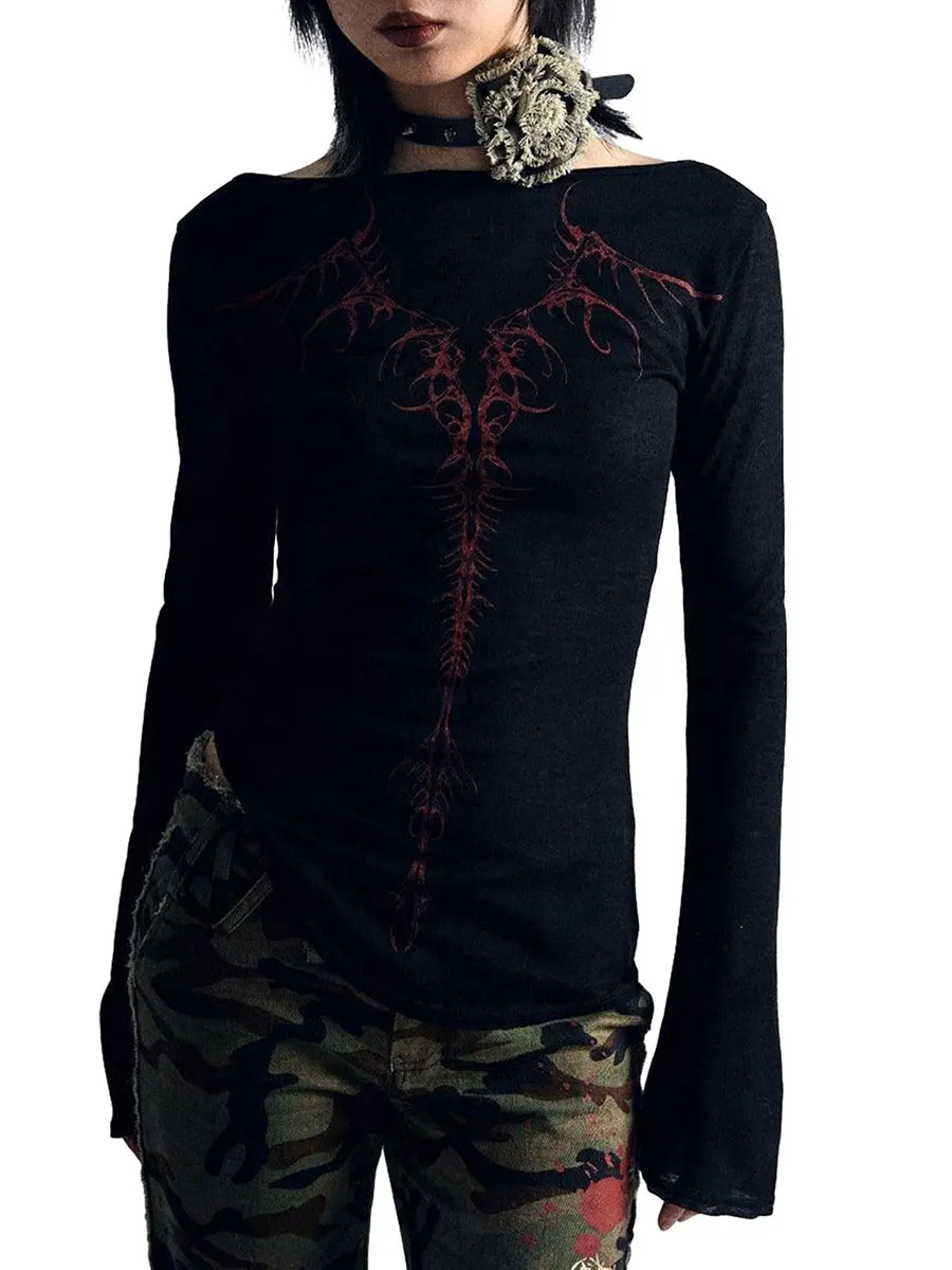 Women s Gothic Graphic Y2K Tee Tops Long Sleeve Casual Harajuku Aesthetic Floral T Shirts Slim Fit Blouse 90s E-Girl Streetwear