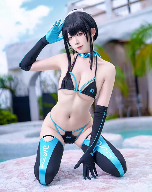 Baju renang Anime Cyber bergaris Bikini Set Lima potong Bra String atas dasi samping Thong stoking syal sarung tangan kostum Cosplay