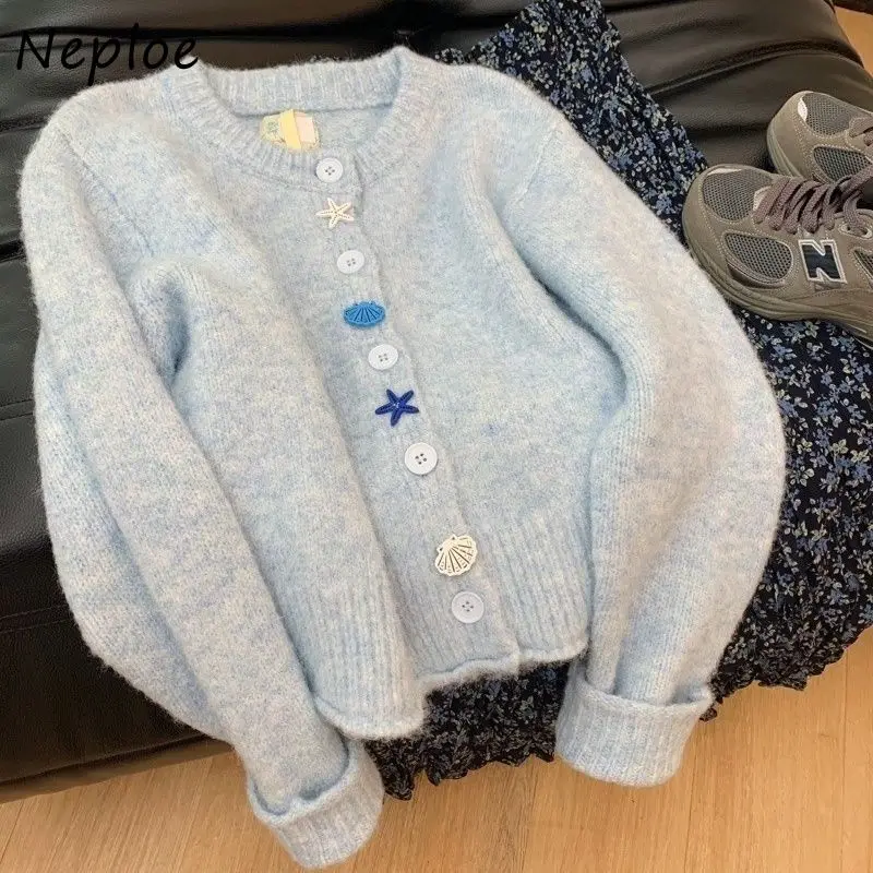 Neploe Autumn Winter Lazy Blue Sweater Mujer Y2k O-neck Single Breasted Cardigans Long Sleeve Loose Knitted Tops Women