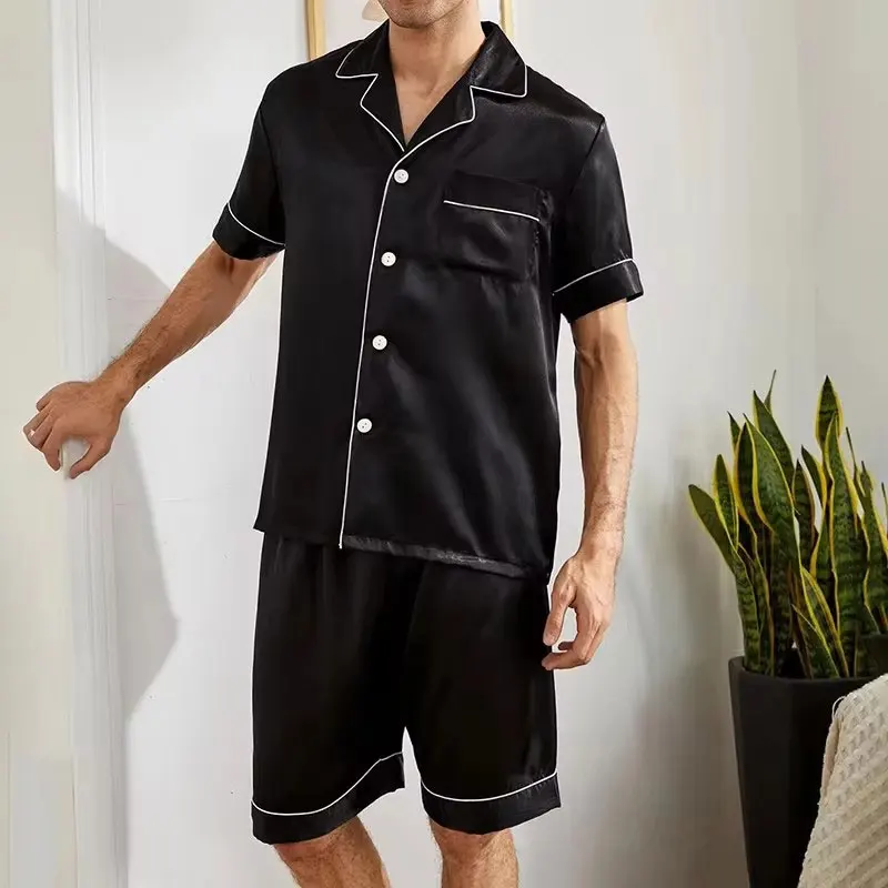 Men\'s pajamas set for summer short sleeve pocket button down shirt & Shorts Big size loungewear set sleepwear pijama home wear