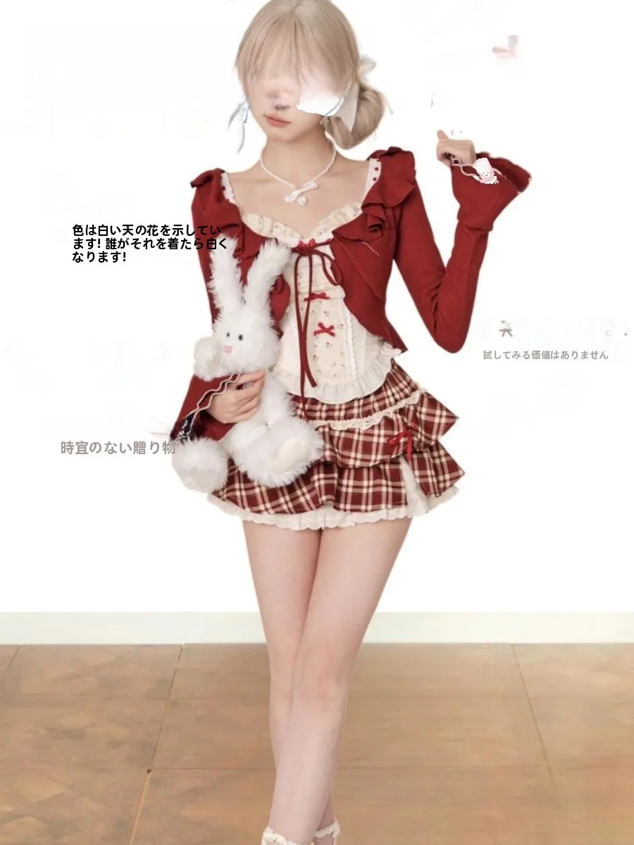 Retro Cute Girl Summer Set Women's Red Open Cardigan Top High Waist Cake Skirt Set College Style Fashion Ensemble High Waist
