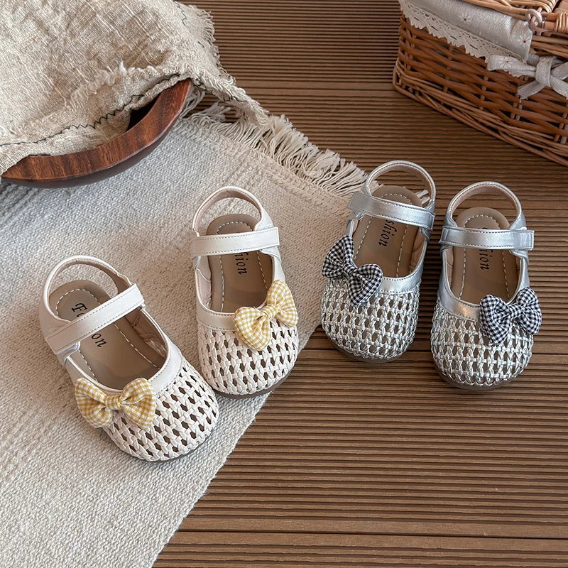 

Summer Girl's Sandals Braided Bowknot Hook-loop Cute Kid's Flat Shoe Beige Silver Anti-slip Daily All-match Children Shoes