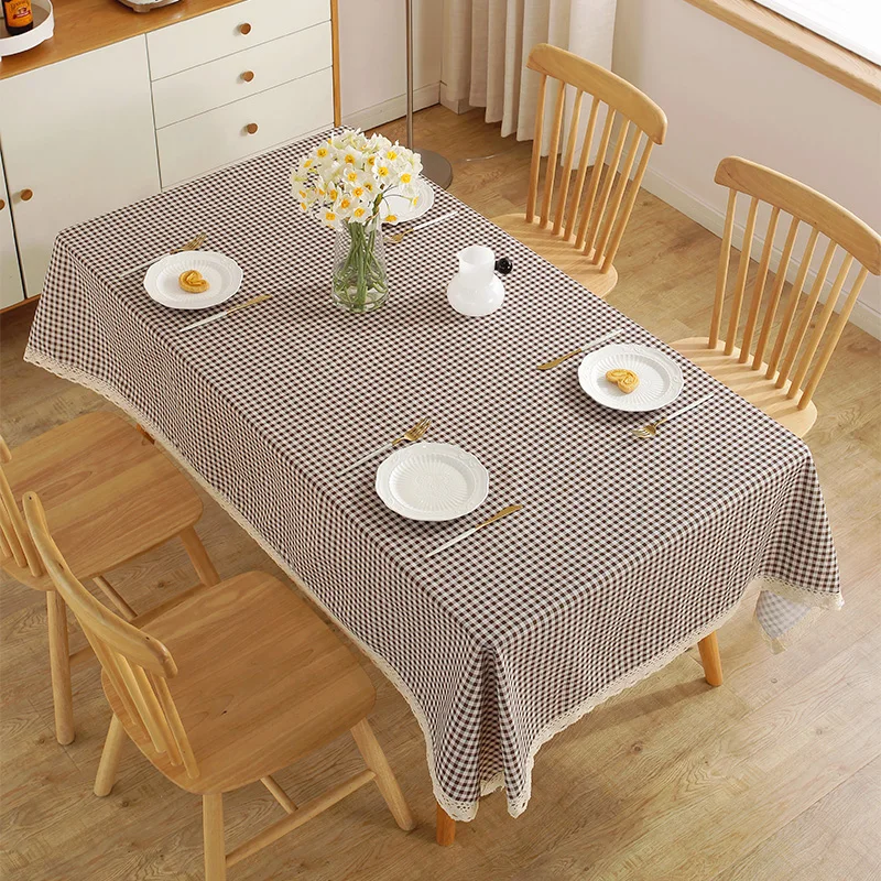 Nordic Minimalist Style Coffee Grid Tablecloth with Off-White Trim Rectangular Dining Table Cover
