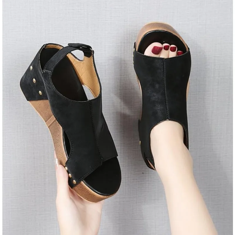 Summer Footwear Black Platform Wedge Sandals for Women Rubber Sole Buckle Peep Toe Elegant Woman's Shoes Sandalias Large Size 43