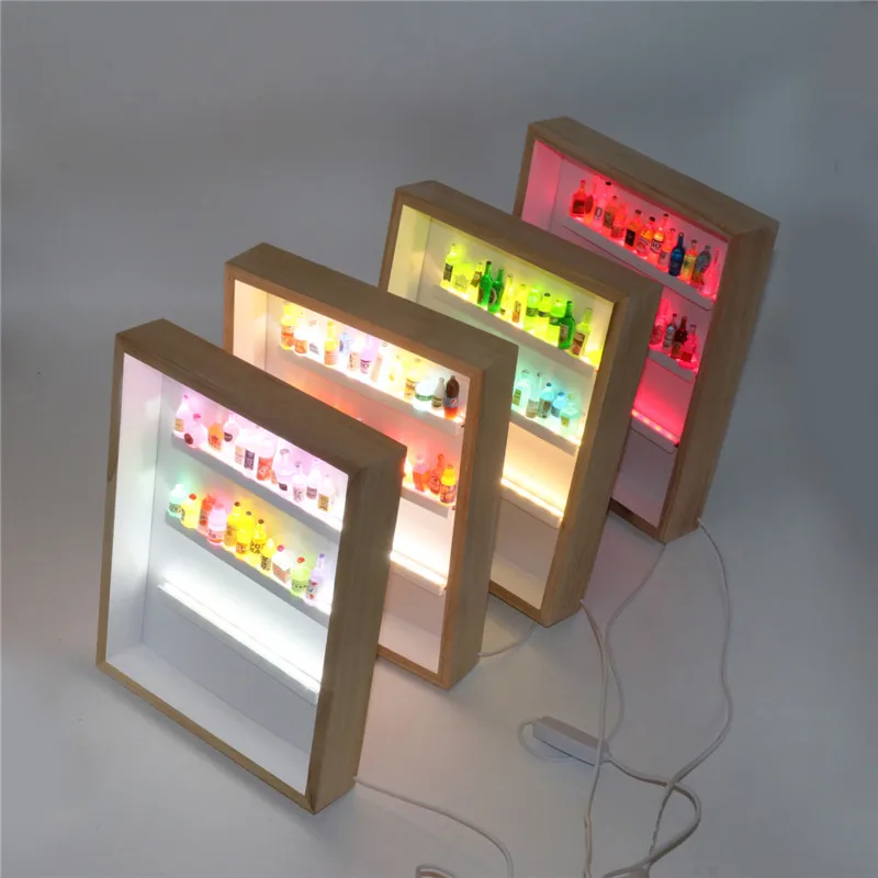 1Pc Led Wooden Mini Bottle Art Frames Lamp Light Display Furnishing Cabinet Layer Background Lights Home Decoration