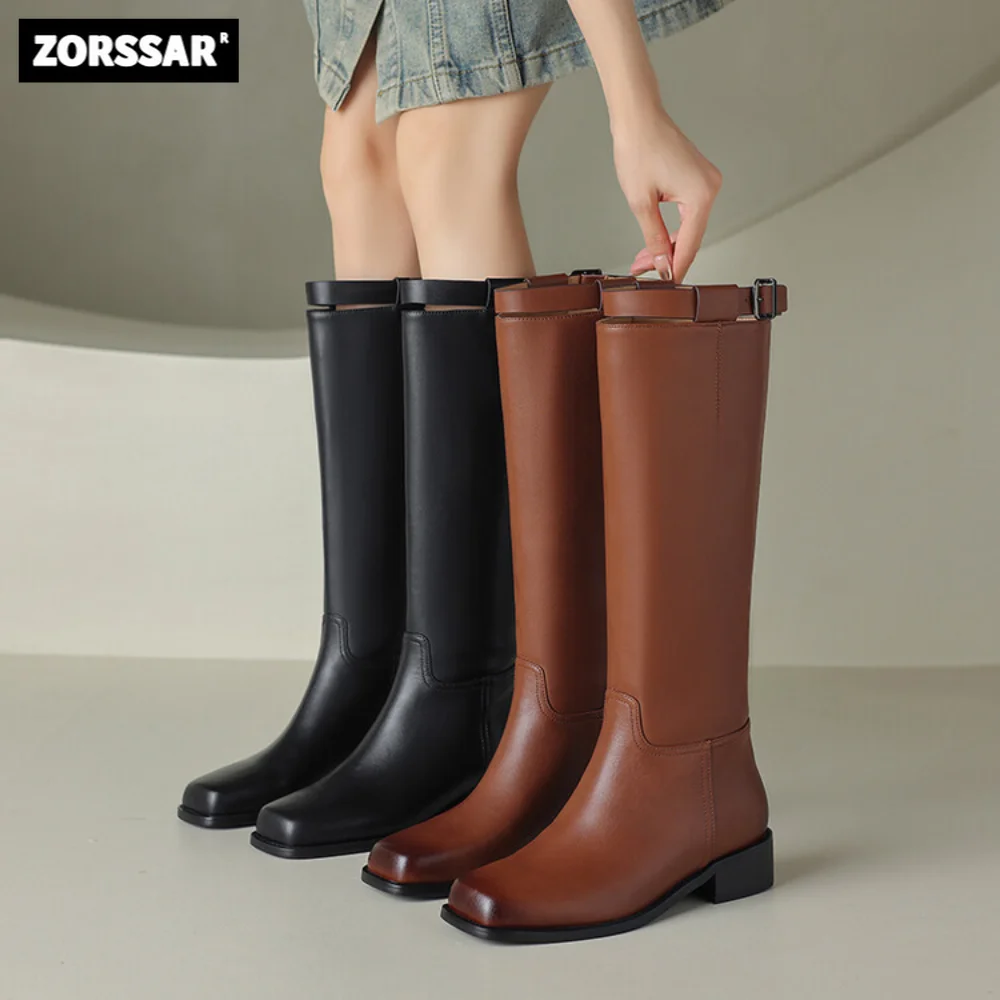 

Women Boots Flat Knee High Boots Genuine Leather Riding Shoes 2024 New Female Casual Warmth Short Plush Long Equestrian Boots