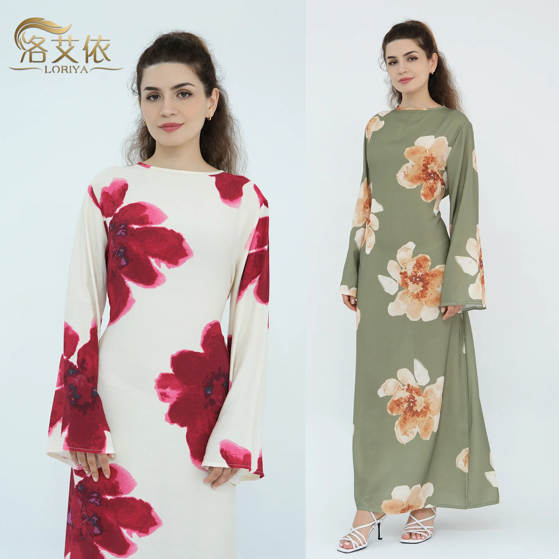 

Американские, европейские, мусульманские, 2024, новые модные женские повседневные модные элегантные свободные платья до щиколотки с круглым вырезом и длинными рукавами с принтом