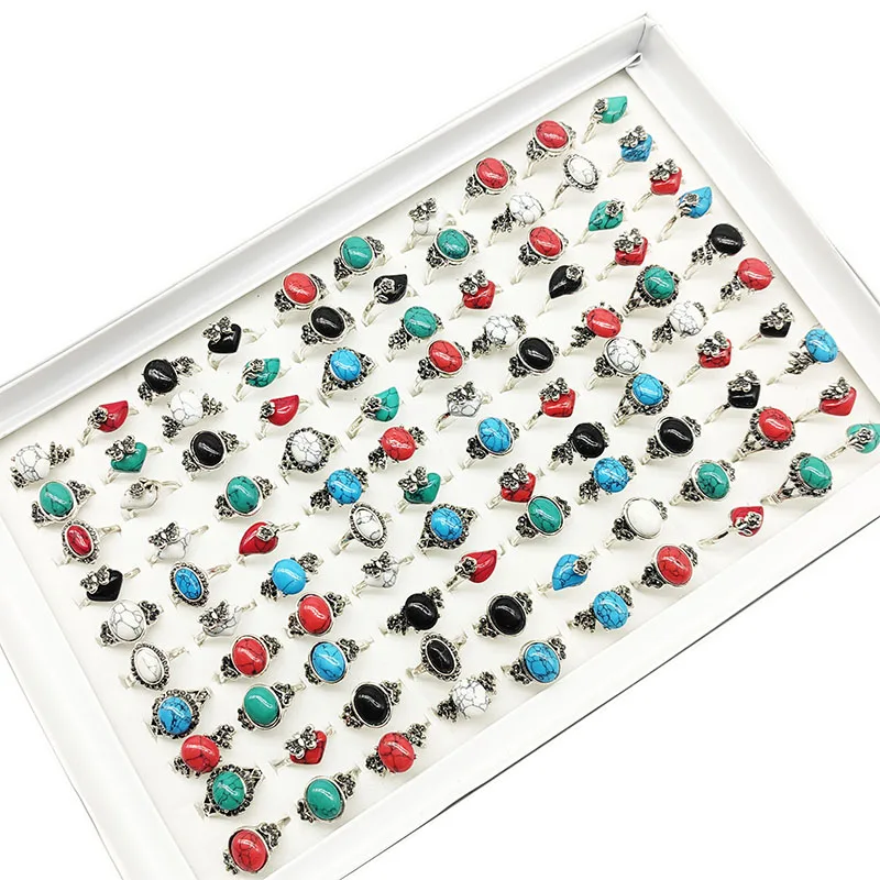 20 teile/los Großhandel Bunte Oval Naturstein Finger Ringe Für Frauen Böhmen Mix Stil Silber Farbe Hohl Legierung Metall Schmuck – Detail 18