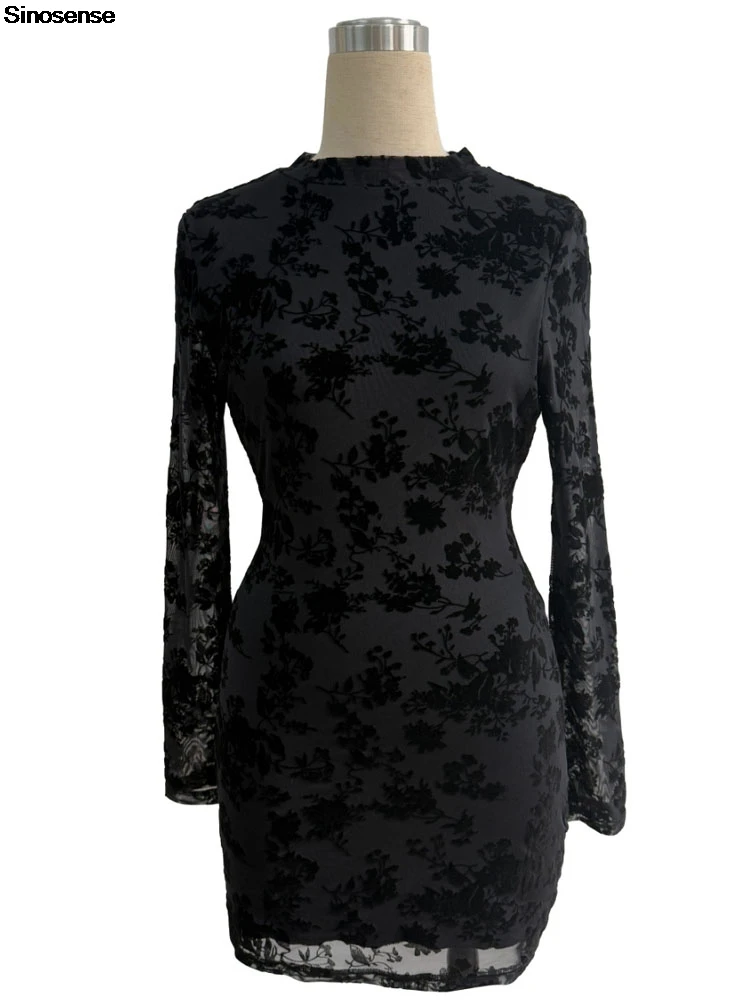 Women Bodycon Dress Floral Embroidery Backless Slim Long Sleeve Mini Pencil Dress Sexy Street Date Night Club Party Short Dress