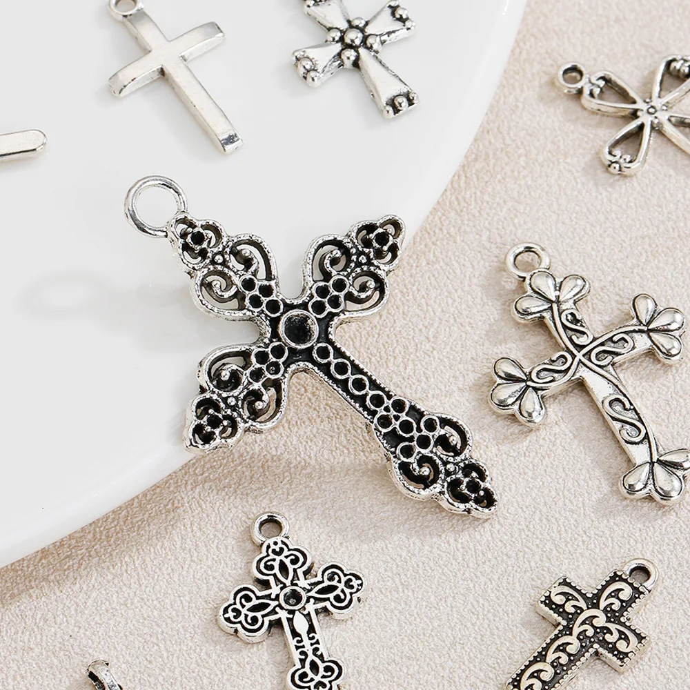 Acessórios de joias de liga diy, pingente de cruz personalizado de prata retrô, pulseira, colar, brincos, pingente