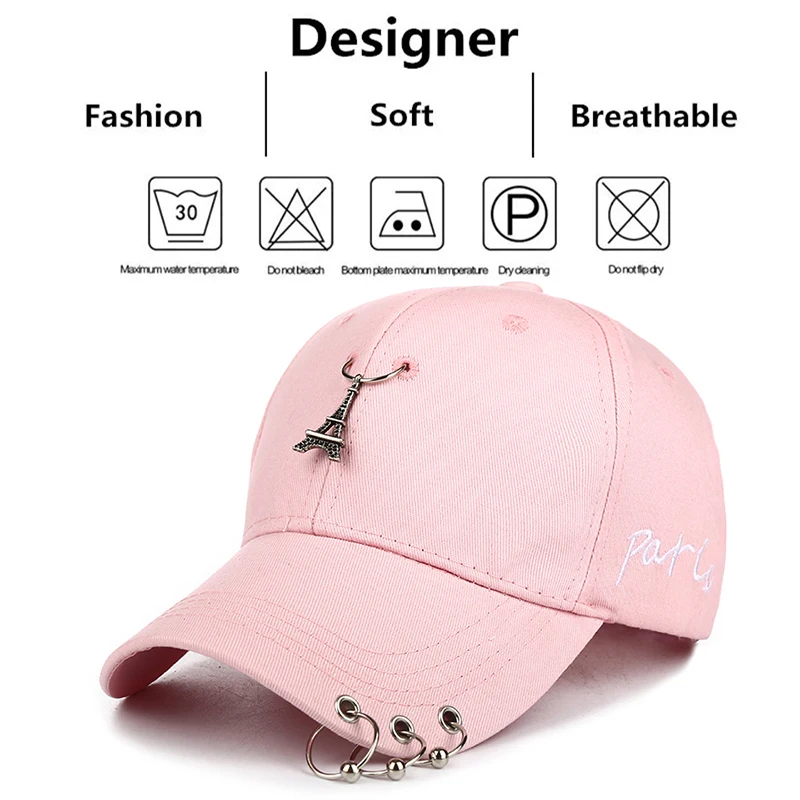 Fashion Women\'s Baseball Hat Hip Hop Three Ring Paris Tower Pendant Street Dance Decorative Hat Adjustable Summer Sunshade Hat