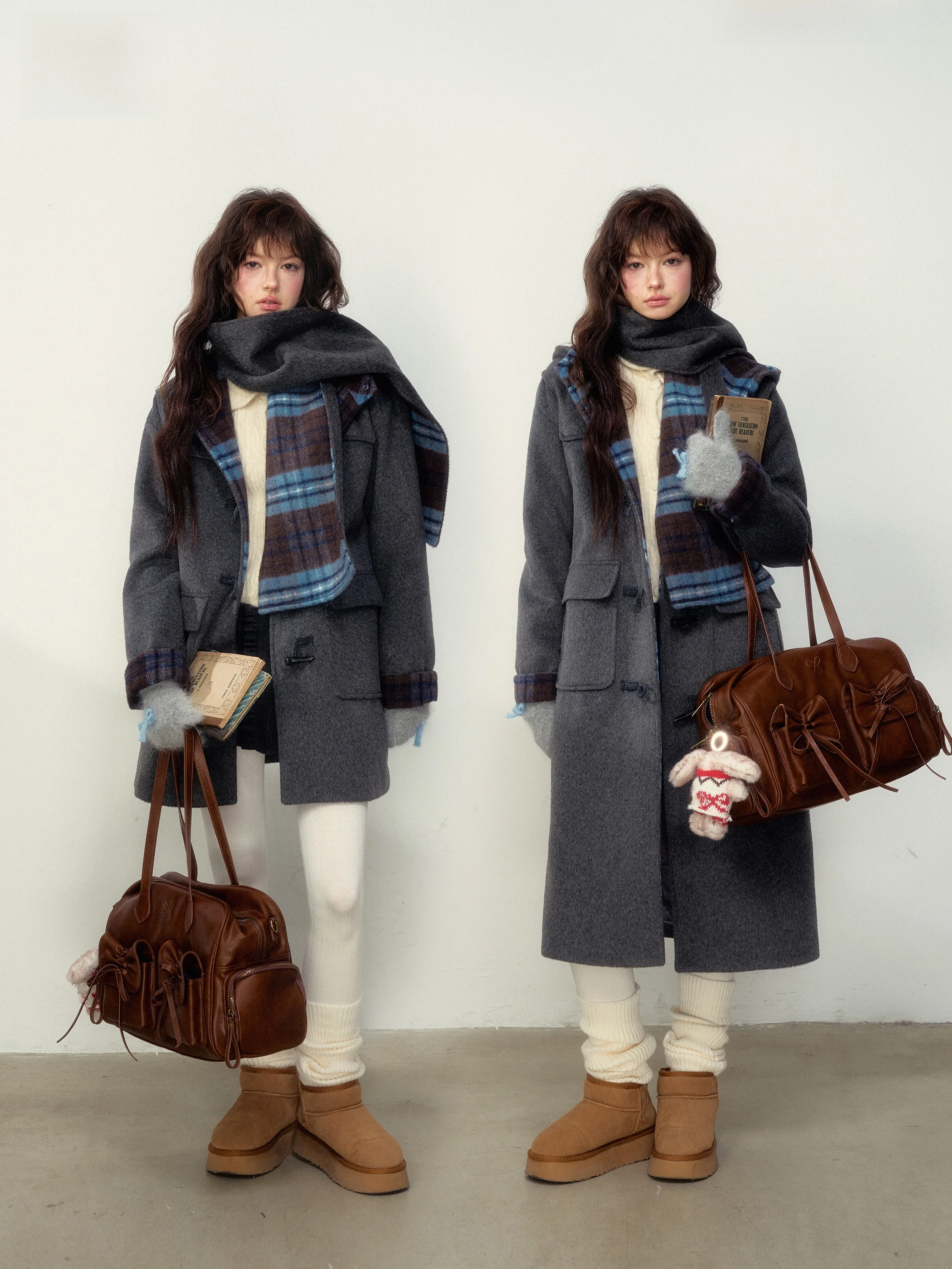 SunsetPark Women's Plaid Splicing Sheepskin Coat Spring Woolen Coat with Horn Buttons Pink Color Long Sleeve Hooded Jacket