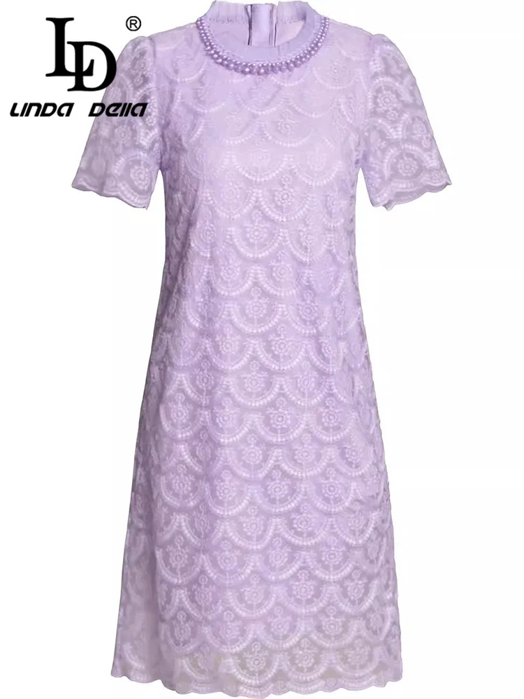 LD LINDA DELLA Summer Women's Streetwear Dress Short-Sleeved Beading Lace Lilac Colour Loose Waist Dresses