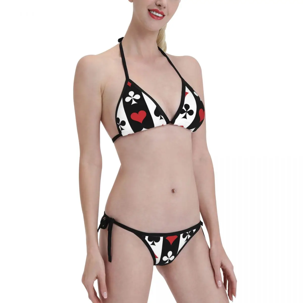 Maillot de bain brésilien sexy pour femmes, ensemble bikini, soutien-gorge push-up, licou, string, vêtements de plage, poker, rouge, noir, Alice au pays des merveilles