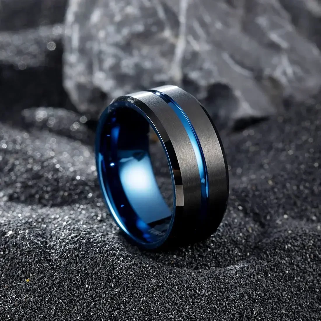 Fashion 8mm Blue Groove Beveled Edge Black Tungsten Wedding Ring For Men Black Brushed Steel Engagement Ring Men's Wedding Band