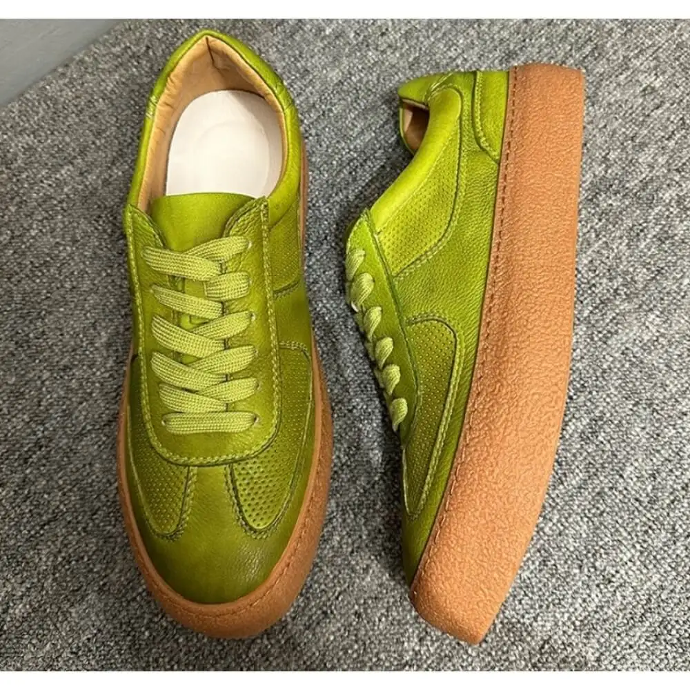 Fresh Avocado Green Perforated Leather Sneakers, with gum sole, breathable and stylish,
